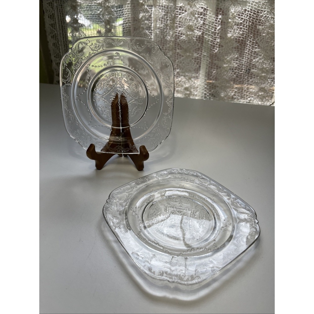 VTG Set Of 2 Clear Madrid Square Salad Dessert Glass Plate 6.5" Good Condition